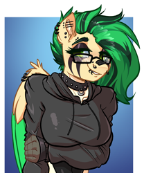 Size: 1376x1652 | Tagged: safe, artist:witchtaunter, oc, oc only, oc:joystick, anthro, awkward, clothes, collar, commission, ear piercing, earring, female, gradient background, hoodie, jewelry, piercing, shy, smiling, solo
