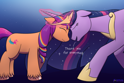 Size: 2300x1533 | Tagged: safe, artist:passionpanther, sunny starscout, twilight sparkle, alicorn, earth pony, pony, g5, the last problem, crown, crying, dialogue, duo, duo female, ethereal mane, eyes closed, female, floppy ears, glowing, glowing horn, gradient background, height difference, hoof shoes, horn, jewelry, magic, magic aura, mane stripe sunny, mare, meme, older, older twilight, older twilight sparkle (alicorn), open mouth, open smile, peytral, princess shoes, princess twilight 2.0, raised hoof, regalia, signature, smiling, starry mane, subverted meme, sunny and her heroine, tail, tears of joy, that magic is yours to give, twilight sparkle (alicorn), unshorn fetlocks