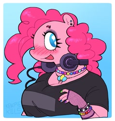 Size: 1187x1247 | Tagged: safe, artist:kewpiekills, pinkie pie, earth pony, anthro, g4, big breasts, blushing, bracelet, breasts, bust, busty pinkie pie, choker, cleavage, clothes, cutie mark accessory, cutie mark eyes, cutie mark necklace, ear piercing, emo, eyebrow piercing, female, fingerless gloves, fishnet clothing, gloves, headphones, jewelry, kandi, mare, nail polish, necklace, open mouth, open smile, passepartout, piercing, signature, smiling, solo, wingding eyes