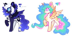 Size: 1280x647 | Tagged: safe, artist:sundayv4x, princess celestia, princess luna, alicorn, pony, g4, alternate design, body freckles, chest fluff, coat markings, colored ears, colored hooves, colored pinnae, colored wings, duo, duo female, ethereal hair, ethereal mane, ethereal tail, facial markings, female, freckles, gradient mane, gradient tail, hair bun, multicolored wings, pale belly, pink eyes, raised hoof, redesign, royal sisters, siblings, simple background, sisters, slit pupils, snip (coat marking), sparkly mane, sparkly tail, spread wings, starry mane, starry tail, tail, teal eyes, transparent background, white pupils, white-haired luna, wings
