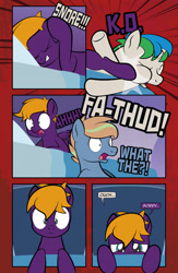 Size: 1920x2948 | Tagged: safe, artist:alexdti, oc, oc only, oc:brainstorm (alexdti), oc:purple creativity, oc:star logic, pegasus, pony, unicorn, comic:quest for friendship retold, 5 panel comic, comic, dialogue, female, kick, male, mare, speech bubble, stallion, trio