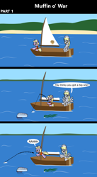 Size: 1920x3516 | Tagged: safe, artist:platinumdrop, derpy hooves, dinky hooves, fish, jellyfish, pegasus, pony, unicorn, comic:muffin o' war, g4, 3 panel comic, algae, boat, clothes, coast, comic, commission, danger, determined, duo, duo female, encouragement, fear, female, filly, fishing, fishing rod, foal, folded wings, food, happy, hat, hoof hold, imminent abuse, lifejacket, mare, midair, mother and child, mother and daughter, muffin, ocean, open mouth, outdoors, portugese man o' war, pulling, reaching, sail, sailboat, sailing, scared, screaming, sitting, smiling, speech bubble, spread wings, struggling, surprised, this will not end well, tongue out, water, wings