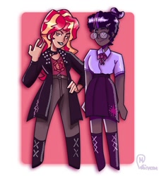 Size: 1080x1200 | Tagged: safe, artist:rodwaudt, sunset shimmer, twilight sparkle, human, g4, belt, black lipstick, boots, choker, clothes, dark skin, devil horn (gesture), duo, duo female, female, glasses, hair bun, hand on hip, human coloration, humanized, jacket, lesbian, lidded eyes, light skin, lipstick, passepartout, ship:sunsetsparkle, shipping, shirt, shoes, signature, skirt, spiked choker, wlw