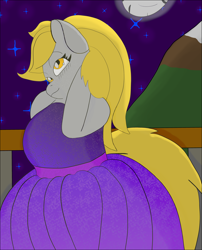 Size: 4000x4960 | Tagged: safe, artist:acid flask, derpy hooves, anthro, g4, 2d, absurd resolution, big breasts, blushing, breasts, clothes, date, digital art, dress, female, gimp, glowing, long hair, looking at you, looking up, looking up at you, mare, moon, mountain, night, railing, shading, shy, smiling, smiling at you, stars, stupid sexy derpy, tail, thighs, thunder thighs, wide hips