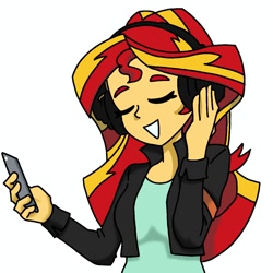 Size: 2000x2000 | Tagged: safe, artist:l3unyowo, sunset shimmer, human, equestria girls, g4, bust, cellphone, clothes, eyes closed, female, headphones, jacket, listening to music, open mouth, open smile, phone, shirt, simple background, smartphone, smiling, solo, white background