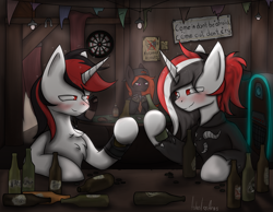 Size: 3575x2779 | Tagged: safe, artist:ashel_aras, oc, oc:blackjack, oc:red rocket, oc:routy rose, pegasus, pony, unicorn, fallout equestria, fallout equestria: project horizons, fanfic:the tragic tale of red rocket, alcohol, bar, blushing, booze, clothes, commission, drunk, eyes open, fluffy, hoodie, horn, knife, red eyes, text, unicorn oc