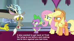 Size: 1000x563 | Tagged: safe, edit, edited screencap, editor:incredibubbleirishguy, screencap, applejack, discord, fluttershy, spike, draconequus, dragon, earth pony, pegasus, pony, g4, the ending of the end, alternate scenario, female, implied lord tirek, male, mare, quote, reference used, text, winged spike, wings