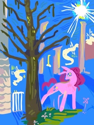 Size: 1200x1600 | Tagged: safe, artist:rexalogy, pinkie pie, g4, abstract background, female, mare, solo, standing, tree