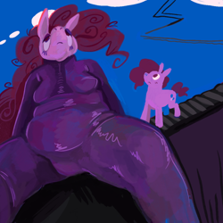 Size: 640x640 | Tagged: safe, artist:rexalogy, pinkie pie, earth pony, pony, anthro, g4, abstract, anthro ponidox, bodysuit, breasts, chubby, clothes, duo, duo female, female, frown, looking up, self ponidox, sitting