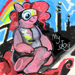 Size: 640x640 | Tagged: safe, artist:rexalogy, pinkie pie, earth pony, anthro, digitigrade anthro, g4, clothes, crossed legs, curly mane, factory, female, goggles, safety goggles, sitting, smiling, solo