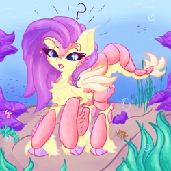 Size: 1500x1500 | Tagged: safe, artist:umbrapone, fluttershy, hybrid, pegasus, pony, shrimp, starfish, g4, algae, antennae, bubble, chest fluff, cloven hooves, coral, crepuscular rays, cute, emanata, female, fins, fish tail, flowing mane, flowing tail, implied transformation, mare, ocean, open mouth, question mark, sand, seaweed, shell, shrimpified, shyabetes, signature, solo, species swap, sunlight, surprised, swimming, tail, underwater, unshorn fetlocks, water