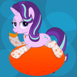 Size: 4200x4200 | Tagged: safe, artist:a4r91n, derpibooru exclusive, starlight glimmer, pony, unicorn, g4, abstract background, bedroom eyes, clothes, female, food sitting, jewelry, looking at you, mare, pendant, show accurate, socks, solo, tangerine