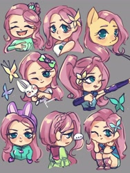 Size: 2400x3200 | Tagged: safe, artist:suracao, angel bunny, fluttershy, butterfly, human, pegasus, pony, rabbit, equestria girls, g4, ..., animal, archery, arrow, bow (weapon), bow and arrow, clothes, female, folk fluttershy, gray background, human coloration, mare, simple background, solo focus, weapon, winter outfit