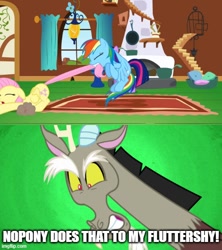 Size: 500x562 | Tagged: safe, edit, edited screencap, screencap, discord, fluttershy, rainbow dash, twilight sparkle, draconequus, pegasus, pony, dragon quest, g4, make new friends but keep discord, caption, fluttershy's cottage (interior), image macro, tail, tail pull, text, trio