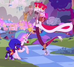 Size: 553x502 | Tagged: safe, edit, edited screencap, screencap, discord, princess celestia, princess luna, alicorn, draconequus, pony, g4, the cutie re-mark, alternate timeline, cape, chaos, chaotic timeline, clothes, clown, clown makeup, clown nose, cropped, crown, discorded landscape, fun, jewelry, red nose, regalia, scepter, trio, unicycle