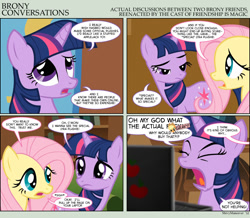 Size: 900x783 | Tagged: safe, artist:shivymaneuver, fluttershy, twilight sparkle, g4, 2012, brony conversations, censored, censored vulgarity, comic, computer, implied lyra, laptop computer, pleading, yelling