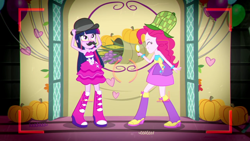 Size: 1280x720 | Tagged: safe, screencap, pinkie pie, twilight sparkle, human, equestria girls, g4, armpits, arms in the air, bare shoulders, bowler hat, clothes, deerstalker, detective, dress, duo, fake moustache, fall formal outfits, female, hat, magnifying glass, sherlock holmes, sherlock pie, sleeveless, sleeveless dress, smiling, strapless, strapless dress, watson