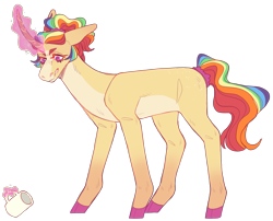 Size: 2730x2202 | Tagged: safe, artist:sleepy-nova, oc, oc only, oc:solar flare, pony, unicorn, blaze (coat marking), butt freckles, cloven hooves, coat markings, colored hooves, curved horn, ears back, facial markings, female, freckles, gradient legs, horn, levitation, magic, magic aura, mare, multicolored hair, pale belly, ponytail, rainbow hair, simple background, solo, telekinesis, transparent background