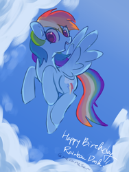 Size: 3072x4096 | Tagged: safe, artist:metaruscarlet, rainbow dash, pegasus, pony, g4, blue sky, cloud, flying, happy birthday, looking at you, open mouth, rainbow dash's birthday, sky, solo, spread wings, wings