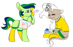 Size: 2219x1451 | Tagged: safe, artist:minty25, oc, oc only, oc:maria potranca, oc:saph quills, oc:valkiria, earth pony, pony, unicorn, annoyed, ball, brazil, clothes, commission, deflation, duo, duo female, eyes closed, female, football, horn, horn impalement, leonine tail, mare, multicolored hair, multiple horns, plushie, scar, shirt, simple background, sitting, socks, sports, t-shirt, tail, transparent background, wristband