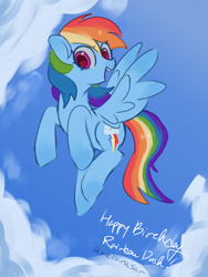 Size: 3072x4096 | Tagged: safe, artist:metaruscarlet, rainbow dash, pegasus, pony, g4, blue sky, cloud, flying, happy birthday, looking at you, open mouth, sky, solo, spread wings, wings