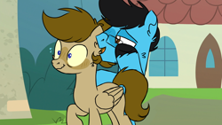 Size: 958x540 | Tagged: safe, artist:fuckomcfuck, edit, edited screencap, screencap, oc, oc:doodles, oc:joystick, earth pony, pegasus, pony, blushing, glasses