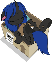 Size: 4240x5000 | Tagged: safe, artist:jhayarr23, oc, oc only, oc:swift dawn, changeling, pony, absurd resolution, blue changeling, book, box, changeling in a box, changeling oc, commission, cute, frog (hoof), horn, lying down, male, note, ocbetes, on back, pony in a box, simple background, sleeping, smiling, solo, stallion, tail, tape, transparent background, underhoof, wings, ych result
