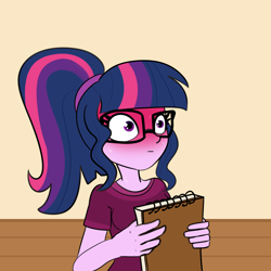 Size: 4500x4500 | Tagged: safe, artist:tjpones, sci-twi, twilight sparkle, human, equestria girls, g4, absurd resolution, blushing, blushing profusely, explicit source, female, nervous sweat, ponytail, sketchbook, solo, sweat