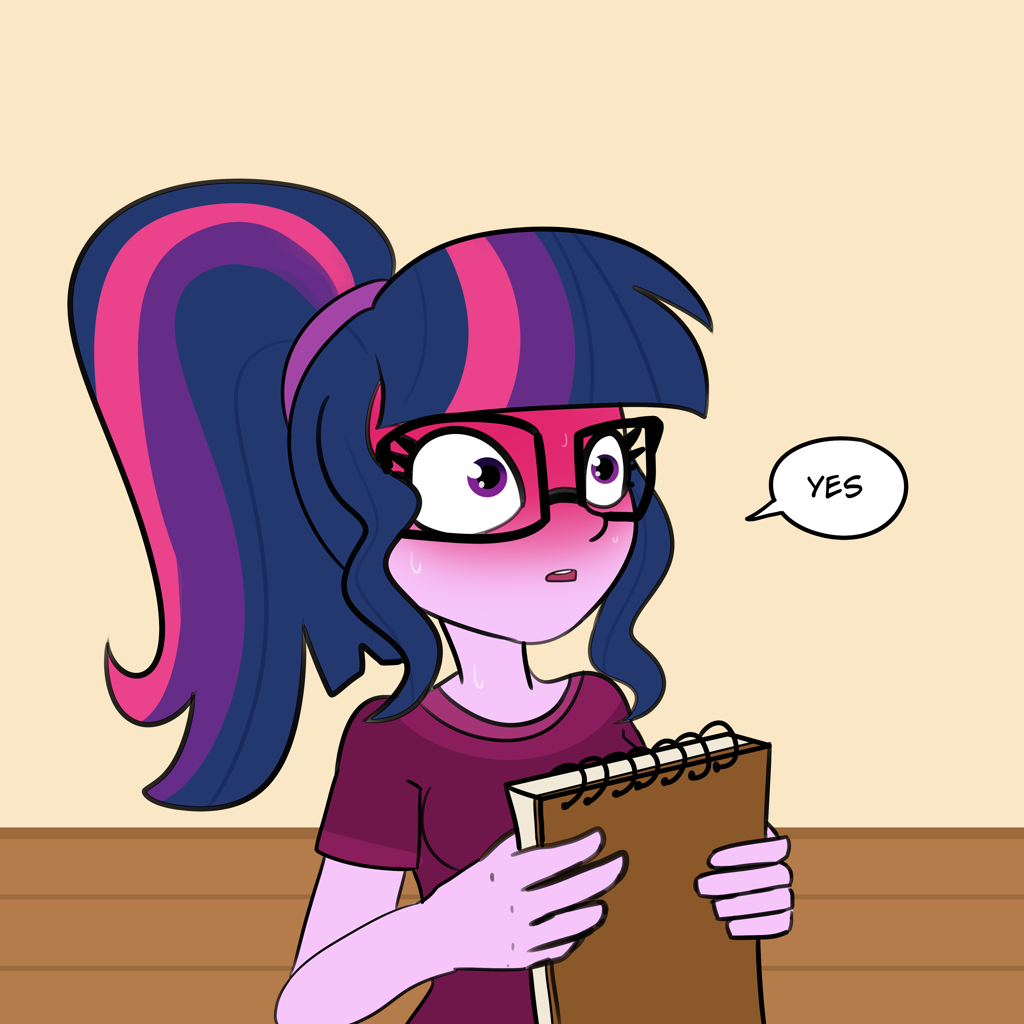 [blushing,dialogue,equestria girls,explicit source,female,g4,human,ponytail,safe,solo,speech bubble,sweat,twilight sparkle,sketchbook,artist:tjpones,sci-twi,blushing profusely,absurd resolution,nervous sweat]