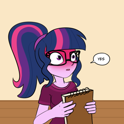 Size: 4500x4500 | Tagged: safe, artist:tjpones, sci-twi, twilight sparkle, human, equestria girls, g4, absurd resolution, blushing, blushing profusely, dialogue, explicit source, female, nervous sweat, ponytail, sketchbook, solo, speech bubble, sweat
