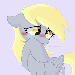 Size: 4000x4000 | Tagged: safe, artist:cattstaycool, derpy hooves, pegasus, pony, g4, blushing, crying, floppy ears, lavender background, raised hoof, simple background, smiling, solo, tears of joy, wiping tears