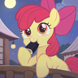 Size: 2560x2560 | Tagged: safe, ai assisted, ai content, apple bloom, earth pony, pony, g4, adorabloom, cloud, cute, eating, female, filly, foal, food, house, lamp, moon, night, outdoors, ponies eating meat, ponies eating seafood, seafood, setsubun, solo, stars, sushi
