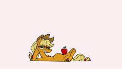 Size: 1280x720 | Tagged: safe, artist:fiedlemon, applejack, earth pony, pony, g4, animated, apple, belly, bouncing, female, food, grin, lidded eyes, loop, lying down, mare, on back, simple background, smiling, solo, sound, webm, white background