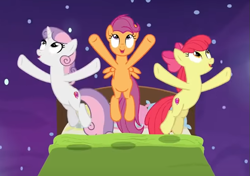 Size: 653x460 | Tagged: safe, screencap, apple bloom, scootaloo, sweetie belle, earth pony, pegasus, pony, unicorn, g4, growing up is hard to do, bed, being big is all it takes, cropped, cutie mark crusaders, female, mare, older, older apple bloom, older cmc, older scootaloo, older sweetie belle, trio