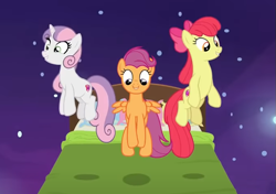 Size: 677x476 | Tagged: safe, screencap, apple bloom, scootaloo, sweetie belle, earth pony, pegasus, pony, unicorn, g4, growing up is hard to do, bed, being big is all it takes, cropped, cutie mark crusaders, female, mare, older, older apple bloom, older cmc, older scootaloo, older sweetie belle, smiling, trio