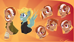 Size: 1920x1080 | Tagged: safe, artist:willoillo, oc, oc only, oc:roulette, oc:sunny hymn, earth pony, pegasus, pony, fallout equestria, fallout equestria: red 36, busts, commission, emotes, fanfic art, hairstyles, scissors