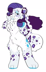 Size: 1308x2048 | Tagged: safe, artist:spookyfoxinc, rarity, big cat, leopard, snow leopard, anthro, digitigrade anthro, g4, chest fluff, cute, cute little fangs, ear fluff, fangs, female, fluffy, furrified, lidded eyes, looking at you, simple background, smiling, solo, species swap, white background