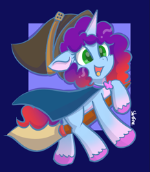 Size: 769x883 | Tagged: safe, artist:skylinepony_, misty brightdawn, pony, unicorn, g5, broom, female, flying, flying broomstick, hat, mare, open mouth, open smile, rebirth misty, signature, smiling, solo, tail, unshorn fetlocks, witch, witch hat