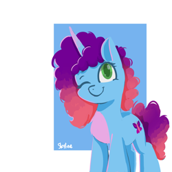 Size: 1000x1000 | Tagged: safe, artist:skylinepony_, misty brightdawn, pony, unicorn, g5, cute, female, looking at you, mare, mistybetes, one eye closed, passepartout, rebirth misty, signature, smiling, smiling at you, solo, tail, wink