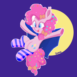 Size: 1000x1000 | Tagged: safe, artist:skylinepony_, pinkie pie, bat pony, earth pony, pony, g4, belly, bow, cape, chest fluff, clothes, fangs, female, full moon, hair bow, mare, moon, open mouth, open smile, signature, smiling, socks, solo, striped socks, tail, tail bow