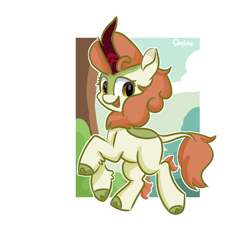 Size: 1000x1000 | Tagged: safe, artist:skylinepony_, autumn blaze, kirin, g4, cloud, cloven hooves, female, horn, kirin horn, leg fluff, looking back, open mouth, open smile, outdoors, passepartout, signature, smiling, solo, tail