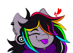 Size: 500x363 | Tagged: safe, artist:woofpoods, oc, oc only, oc:strobestress, pony, unicorn, clothes, cute, ear piercing, emoji, eyelashes, eyes closed, gauges, heart, hoodie, jewelry, multicolored hair, piercing, rainbow hair, simple background, solo, tongue out, tongue piercing, transparent background