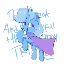 Size: 636x638 | Tagged: safe, artist:skylinepony_, trixie, pony, unicorn, g4, cape, clothes, female, great and powerful, horn, looking at you, mare, open mouth, open smile, raised hoof, signature, simple background, smiling, smiling at you, solo, trixie's cape, white background