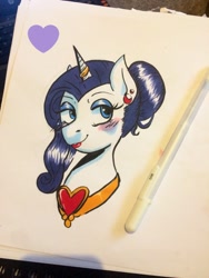 Size: 768x1024 | Tagged: safe, artist:ratbytez, rarity, pony, unicorn, g4, blushing, bust, ear piercing, eyeshadow, fire ruby, gem, heart, horn, horn ring, jewelry, lidded eyes, lipstick, makeup, necklace, next generation, photo, piercing, portrait, ring, ruby, solo, traditional art