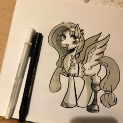 Size: 2048x2048 | Tagged: safe, artist:ratbytez, kerfuffle, pegasus, pony, g4, amputee, blushing, commission, grayscale, monochrome, photo, prosthetic leg, prosthetic limb, prosthetics, raised hoof, solo, spread wings, tail, tongue out, traditional art, wings, wip