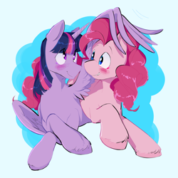 Size: 2048x2051 | Tagged: safe, artist:ponypierced, pinkie pie, twilight sparkle, alicorn, earth pony, pony, g4, blushing, crossed hooves, cuddling, cute, diapinkes, female, head pat, lesbian, light blue background, looking at each other, looking at someone, lying down, mare, pat, prone, ship:twinkie, shipping, simple background, smiling, smiling at each other, twiabetes, twilight sparkle (alicorn), wing hands, wing hold, wings