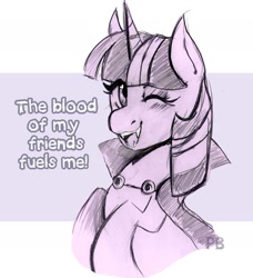 Size: 1818x1991 | Tagged: safe, artist:ratbytez, twilight sparkle, pony, undead, unicorn, vampire, vampony, g4, cape, clothes, cute, dialogue, fangs, female, horn, looking at you, mare, monochrome, one eye closed, open mouth, open smile, smiling, solo, twiabetes, unicorn twilight, vampirism, wink, winking at you
