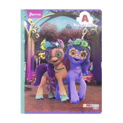 Size: 1000x1000 | Tagged: safe, izzy moonbow, sunny starscout, earth pony, unicorn, g5, official, 3d, bridlewood, bridlewoodstock, floral head wreath, flower, glasses, hug, looking at you, merchandise, photo, smiling, smiling at you, spanish, standing