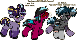 Size: 3697x1934 | Tagged: safe, artist:sexygoatgod, oc, oc only, oc:faerie nougat, oc:razzmatazz gleam, oc:walpurgie night, changepony, hybrid, pegabat, pegasus, pony, unicorn, zony, blushing, changeling hybrid, female, filly, foal, heterochromia, trio, unshorn fetlocks