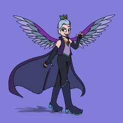 Size: 2048x2048 | Tagged: safe, artist:artist_179, queen haven, human, g5, my little pony: a new generation, alternative cutie mark placement, boots, cape, clothes, crown, cutie mark tattoo, eyeshadow, face tattoo, female, fingerless gloves, gloves, high heel boots, humanized, jewelry, light skin, long gloves, makeup, nail polish, pants, purple background, regalia, shoes, simple background, smiling, solo, spread wings, tattoo, vest, winged humanization, wings